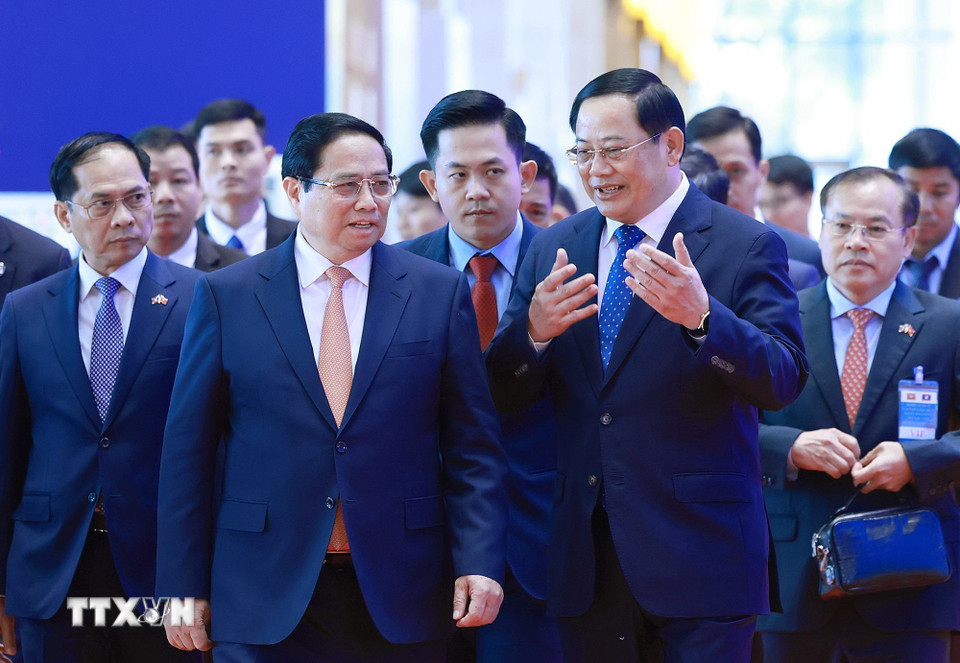 Thủ tướng Phạm Minh Chính và Thủ tướng Lào Sonexay Siphandone đồng chủ trì Kỳ họp lần thứ 47 Ủy ban liên Chính phủ về hợp tác song phương Việt Nam-Lào. (Ảnh: Dương Giang/TTXVN)