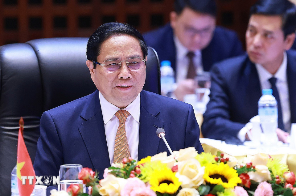 Thủ tướng Phạm Minh Chính phát biểu tại Kỳ họp lần thứ 47 Ủy ban liên Chính phủ Việt Nam-Lào. (Ảnh: Dương Giang/TTXVN)