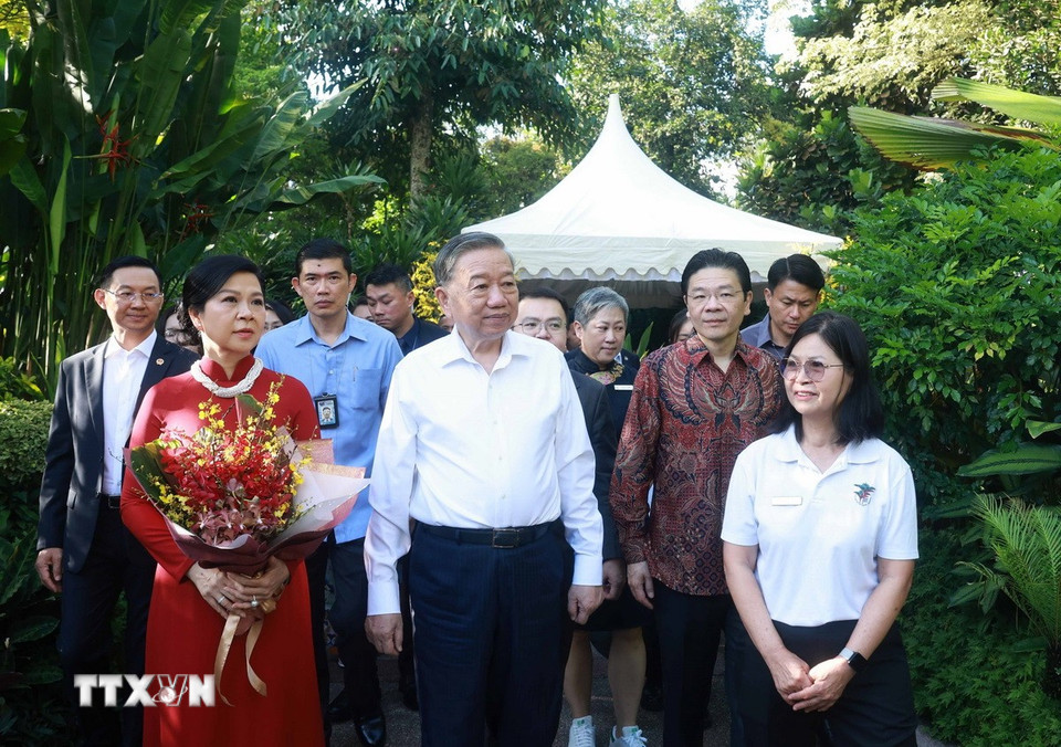Tổng Bí thư Tô Lâm và Phu nhân cùng Thủ tướng Singapore Lawrence Wong tham quan Vườn Thực vật quốc gia Singapore. (Ảnh: Thống Nhất//TTXVN)