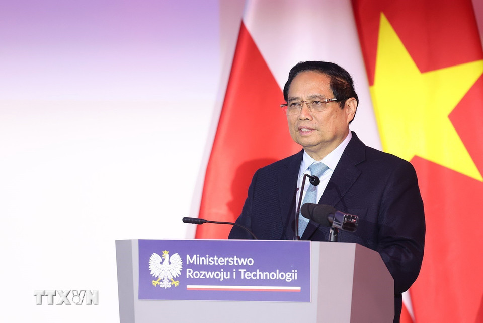 Thủ tướng Phạm Minh Chính phát biểu tại Diễn đàn doanh nghiệp Ba Lan-Việt Nam. (Ảnh: Dương Giang/TTXVN)