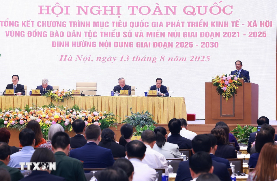 Thủ tướng Phạm Minh Chính phát biểu tại Hội nghị toàn quốc Tổng kết Chương trình mục tiêu quốc gia phát triển kinh tế-xã hội vùng đồng bào dân tộc thiểu số. (Ảnh: Dương Giang/TTXVN)