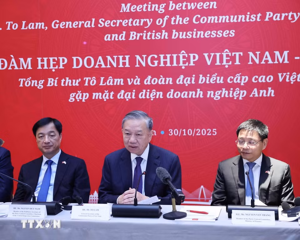 Tổng Bí thư Tô Lâm dự Tọa đàm doanh nghiệp Việt Nam-Anh. (Ảnh: Thống Nhất/TTXVN)