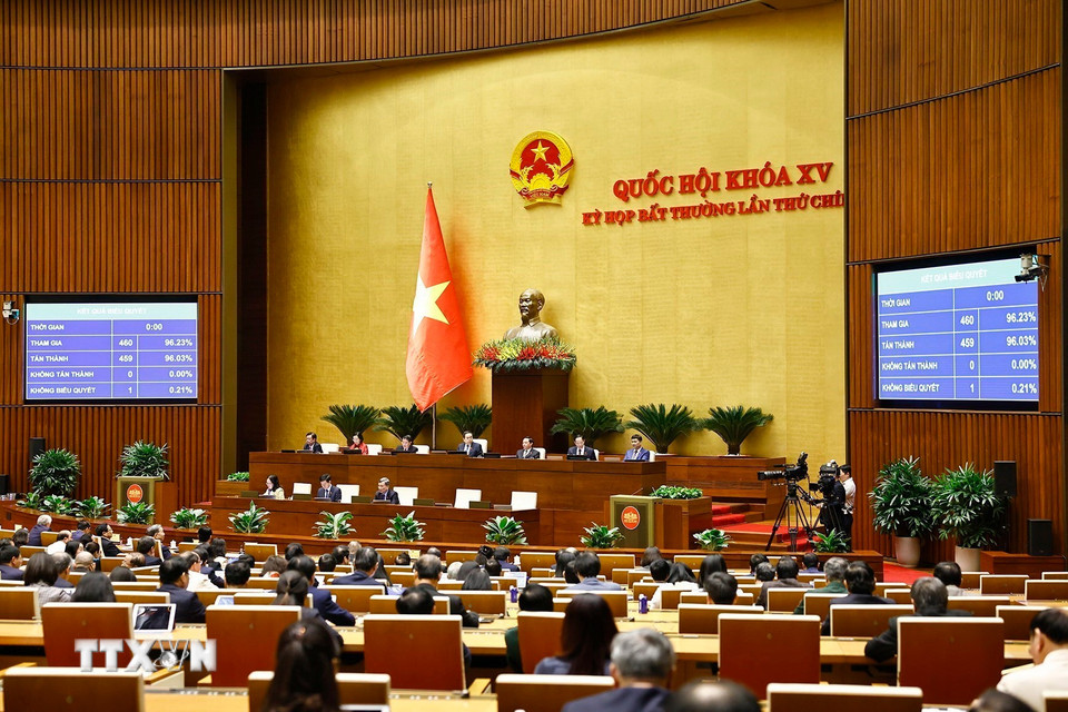 Quốc hội biểu quyết thông qua Nghị quyết của Quốc hội về các cơ chế, chính sách đặc thù đầu tư xây dựng Dự án điện hạt nhân Ninh Thuận. (Ảnh: Doãn Tấn/TTXVN)