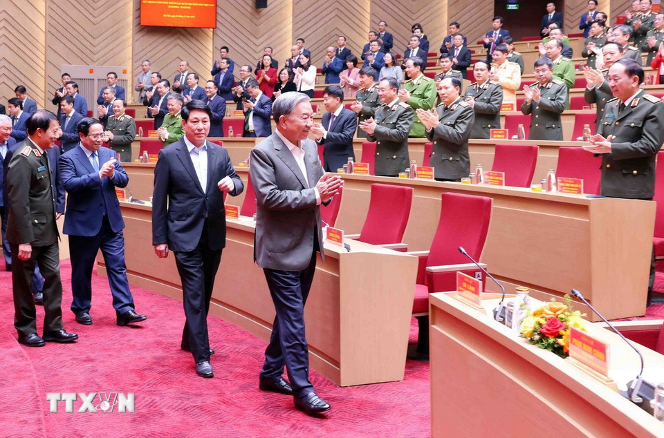 Tổng Bí thư Tô Lâm, Chủ tịch nước Lương Cường và Thủ tướng Phạm Minh Chính tới dự buổi lễ. (Ảnh: Phạm Kiên/TTXVN)