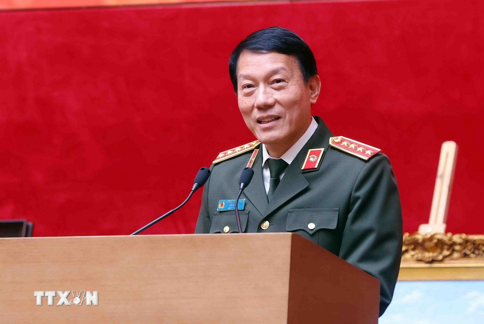Đại tướng Lương Tam Quang, Ủy viên Bộ Chính trị, Bí thư Đảng ủy Công an Trung ương, Bộ trưởng Bộ Công an phát biểu. (Ảnh: Phạm Kiên/TTXVN)