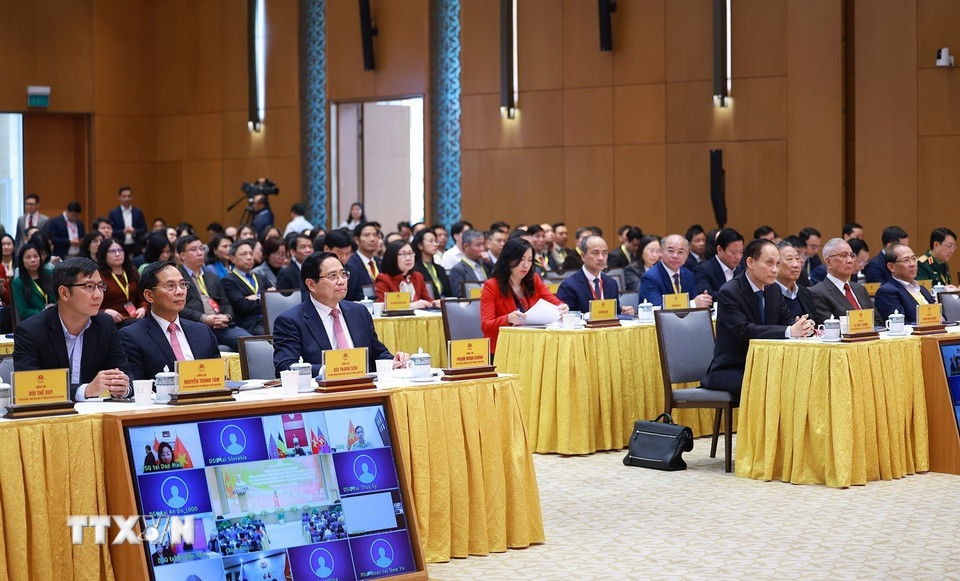 Thủ tướng Phạm Minh Chính dự Hội nghị toàn quốc tổng kết công tác đối với người Việt Nam ở nước ngoài. (Ảnh: Dương Giang/TTXVN)