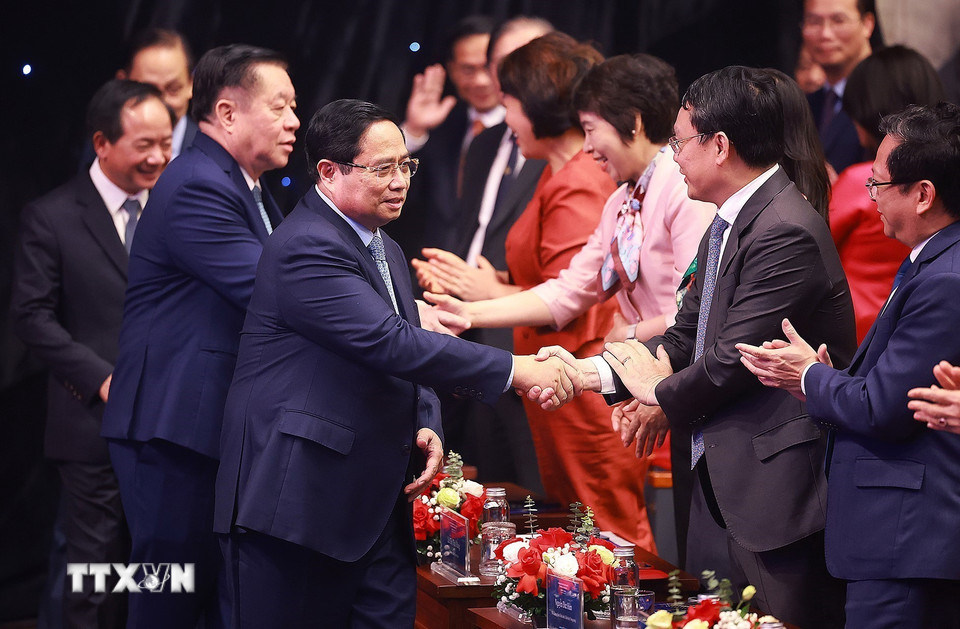 Thủ tướng Phạm Minh Chính đến dự Lễ trao Giải thưởng toàn quốc về Thông tin Đối ngoại lần thứ XI. (Ảnh: Dương Giang/TTXVN)