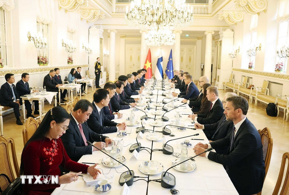 Tổng Bí thư Tô Lâm và Tổng thống Cộng hòa Phần Lan Alexander Stubb hội đàm. (Ảnh: Thống Nhất/TTXVN)