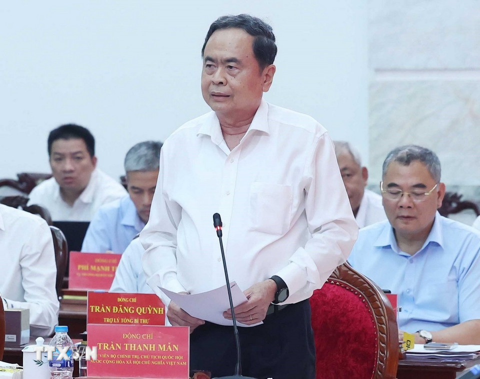 Ủy viên Bộ Chính trị, Chủ tịch Quốc hội Trần Thanh Mẫn phát biểu. (Ảnh: Thống Nhất/TTXVN)