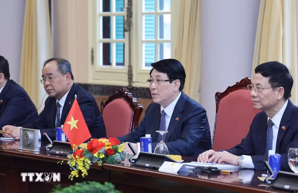 Chủ tịch nước Lương Cường phát biểu tại hội đàm. (Ảnh: Lâm Khánh/TTXVN)