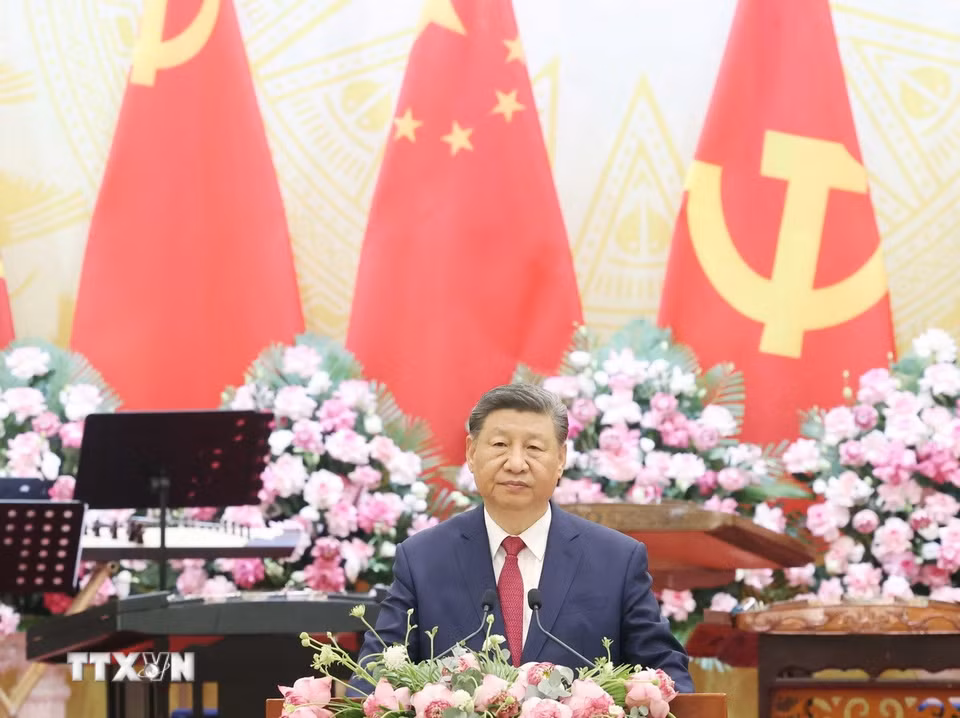 Tổng Bí thư, Chủ tịch nước Trung Quốc Tập Cận Bình đọc diễn văn đáp từ. (Ảnh: Thống Nhất/TTXVN)