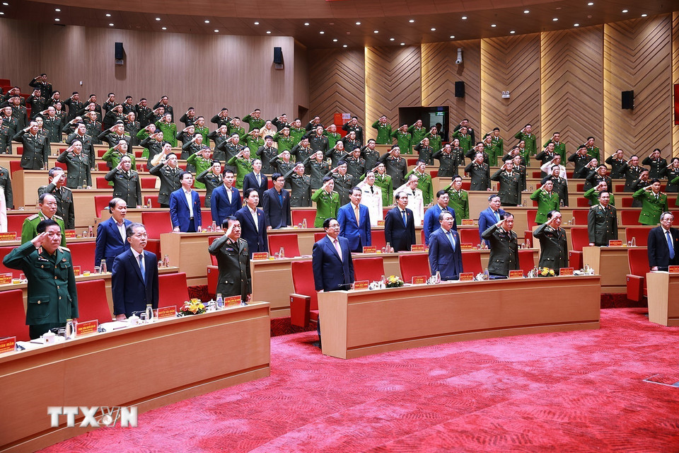 Thủ tướng Phạm Minh Chính và các đại biểu dự Hội nghị Công an toàn quốc lần thứ 81. (Ảnh: Dương Giang/TTXVN)