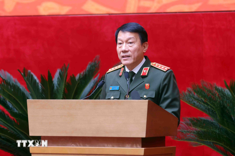Đại tướng Lương Tam Quang, Ủy viên Bộ Chính trị, Bí thư Đảng ủy Công an Trung ương, Bộ trưởng Bộ Công an phát biểu. (Ảnh: Phạm Kiên/TTXVN)