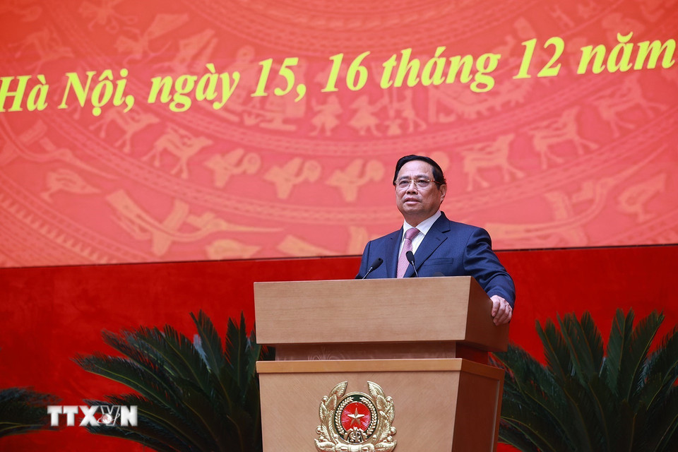 Thủ tướng Phạm Minh Chính phát biểu chỉ đạo tại Hội nghị Công an toàn quốc lần thứ 81. (Ảnh: TTXVN)