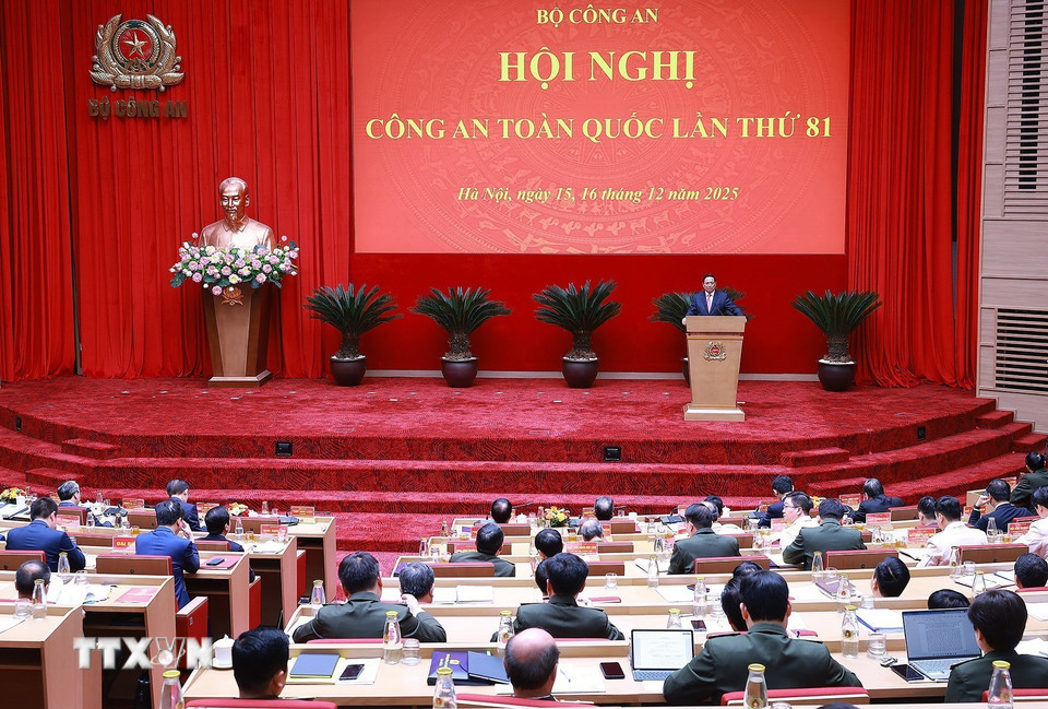 Thủ tướng Phạm Minh Chính phát biểu chỉ đạo tại Hội nghị Công an toàn quốc lần thứ 81. (Ảnh: Dương Giang/TTXVN)