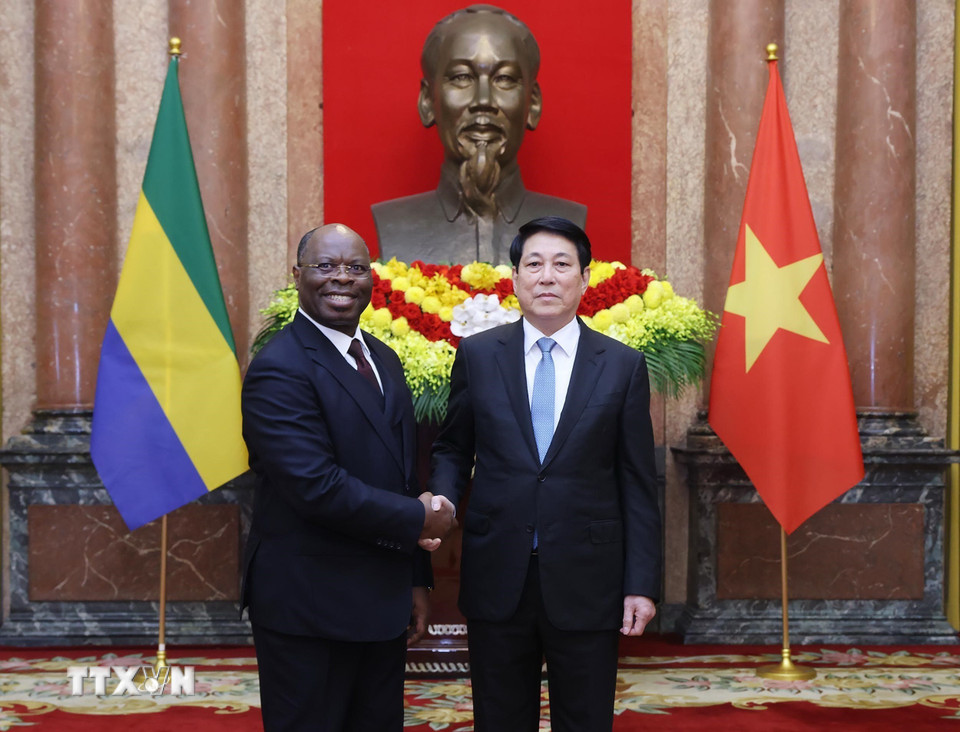 Chủ tịch nước Lương Cường với Đại sứ Cộng hòa Gabon tại Việt Nam Baudelaire Ndong Ella trình Quốc thư. (Ảnh: Lâm Khánh/TTXVN)