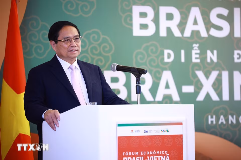 Thủ tướng Phạm Minh Chính phát biểu tại Diễn đàn kinh tế Việt Nam-Brazil. (Ảnh: Dương Giang/TTXVN)