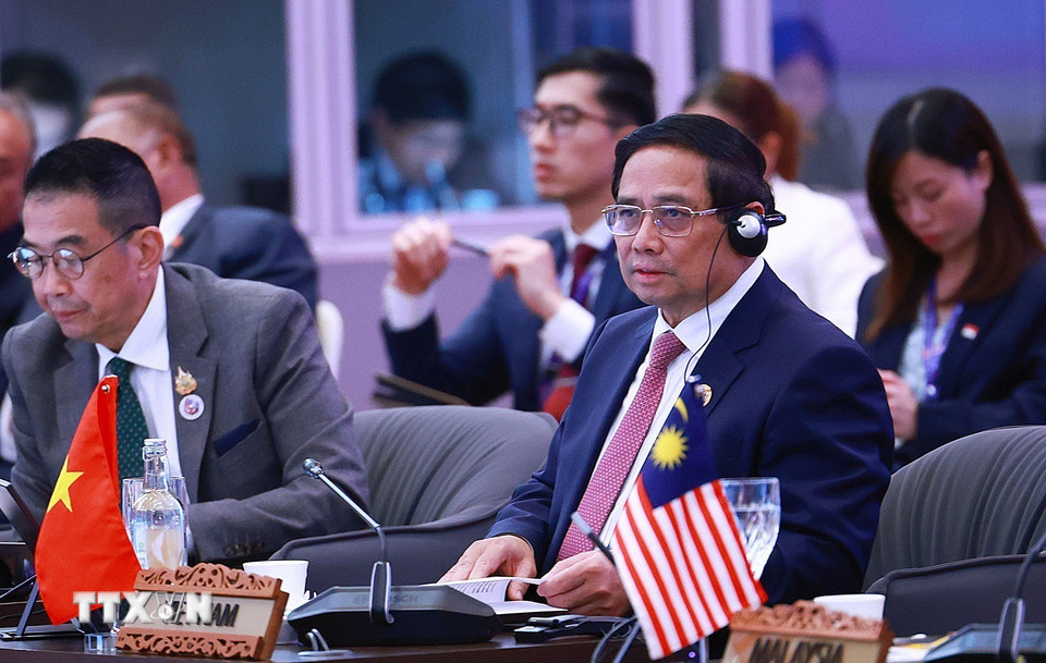 Thủ tướng Phạm Minh Chính dự và phát biểu tại Phiên đối thoại với đại diện Hội đồng Tư vấn kinh doanh ASEAN (ASEAN BAC). (Ảnh: Dương Giang/TTXVN)