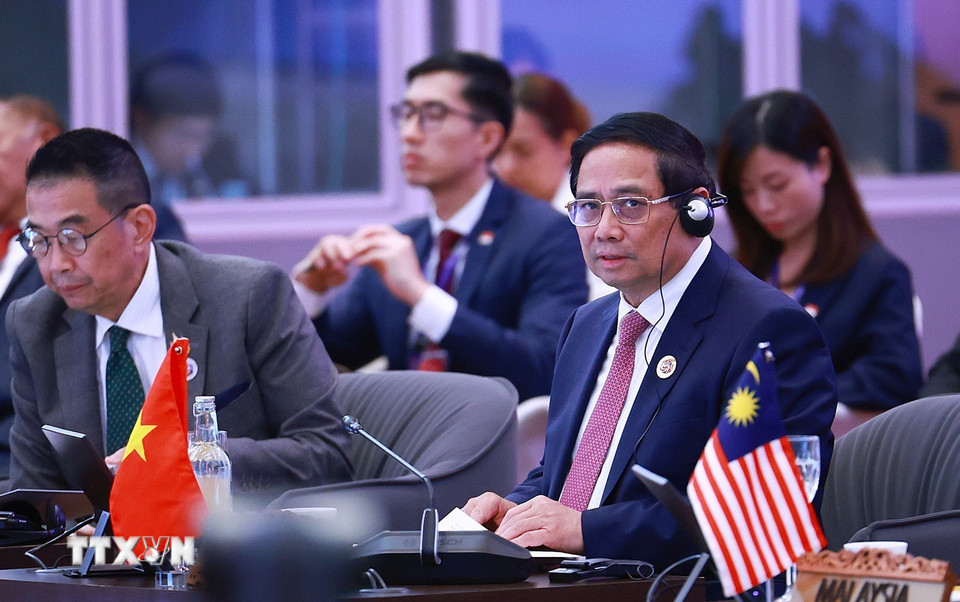 Thủ tướng Phạm Minh Chính dự và phát biểu tại Phiên đối thoại với đại diện Hội đồng Tư vấn kinh doanh ASEAN (ASEAN BAC). (Ảnh: Dương Giang/TTXVN)