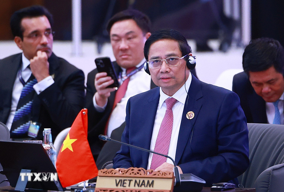 Thủ tướng Phạm Minh Chính dự và phát biểu tại Phiên đối thoại với đại diện Hội đồng Tư vấn kinh doanh ASEAN (ASEAN BAC). (Ảnh: Dương Giang/TTXVN)