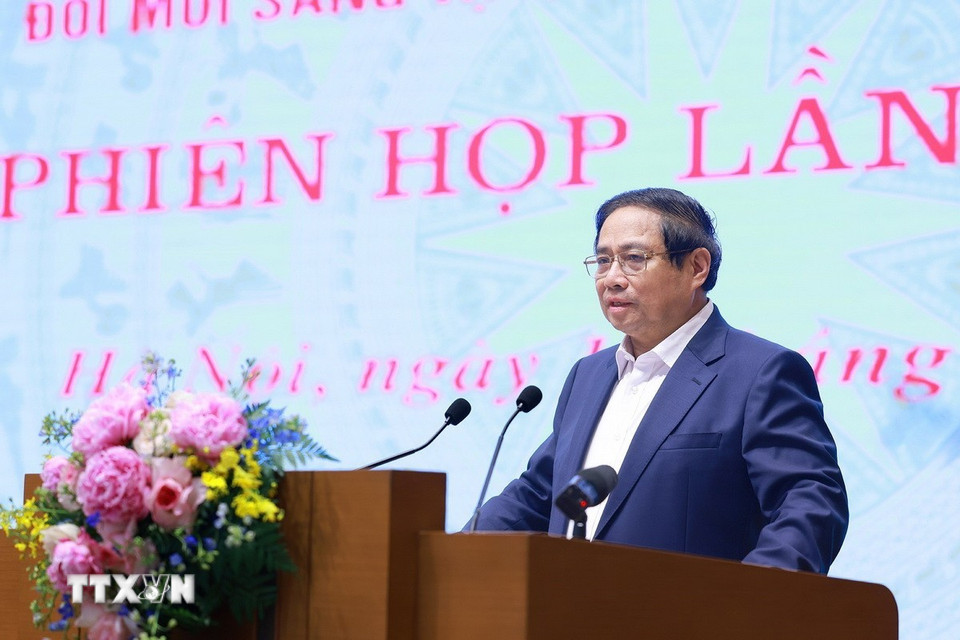 Thủ tướng Phạm Minh Chính phát biểu khai mạc Phiên họp thứ hai của Ban Chỉ đạo về phát triển khoa học, công nghệ, đổi mới sáng tạo, chuyển đổi số và Đề án 06. (Ảnh: Dương Giang/TTXVN)