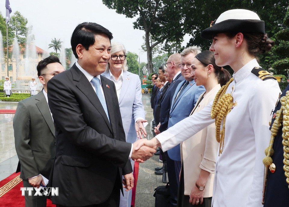 Toàn quyền Australia Sam Mostyn giới thiệu thành viên đoàn Australia với Chủ tịch nước Lương Cường. (Ảnh: Lâm Khánh/TTXVN)