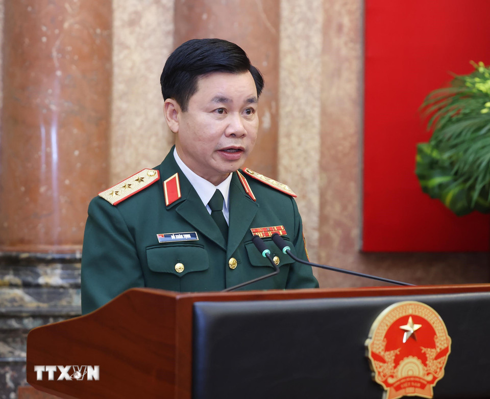 Thượng tướng Đỗ Xuân Tụng, Phó Chủ nhiệm Tổng cục Chính trị Quân đội nhân dân Việt Nam phát biểu. (Ảnh: Lâm Khánh/TTXVN)