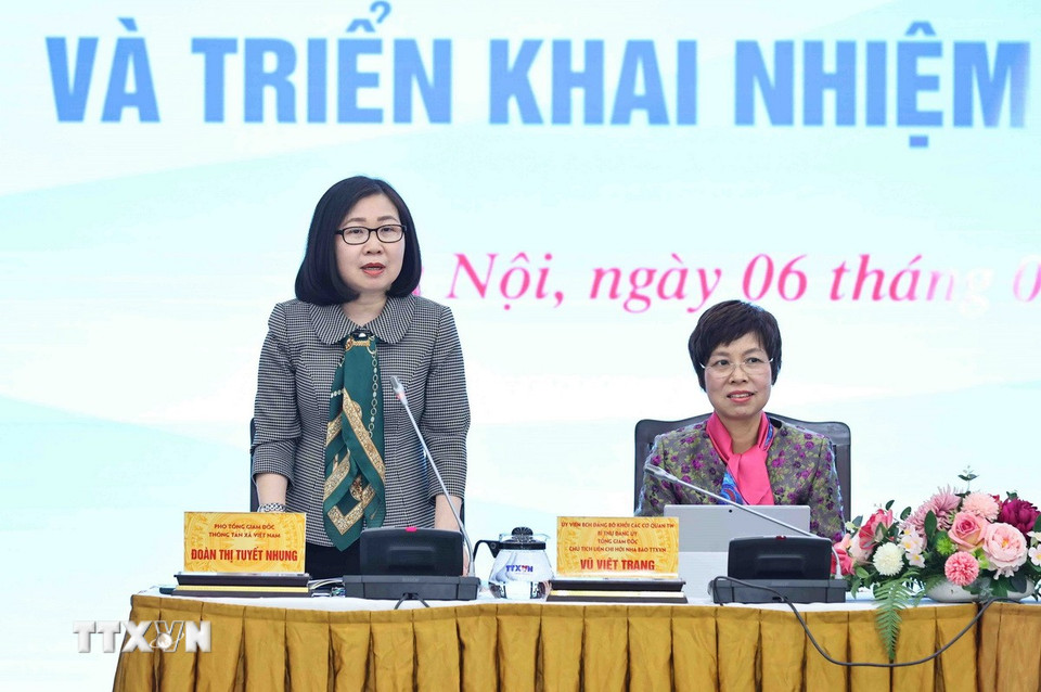 Phó Tổng giám đốc Thông tấn xã Việt Nam Đoàn Thị Tuyết Nhung phát biểu tại hội nghị. (Ảnh: Minh Đức/TTXVN)