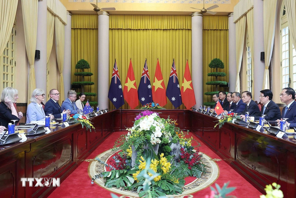 Chủ tịch nước Lương Cường và Toàn quyền Australia Sam Mostyn hội đàm. (Ảnh: Lâm Khánh/TTXVN)