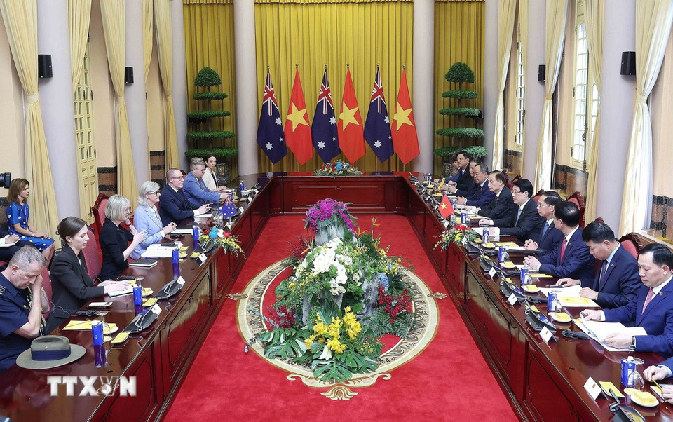 Chủ tịch nước Lương Cường và Toàn quyền Australia Sam Mostyn hội đàm. (Ảnh: Lâm Khánh/TTXVN)