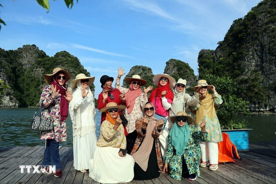 Đoàn du khách Indonesia chụp ảnh lưu niệm tại làng chài Vung Viêng ở Vịnh Hạ Long (Quảng Ninh). (Ảnh: Đức Hiếu/TTXVN)