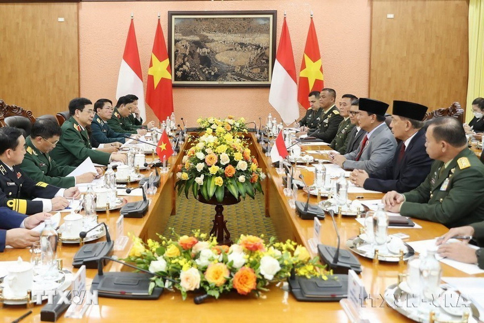 Đại tướng Phan Văn Giang, Bộ trưởng Bộ Quốc phòng hội đàm với Bộ trưởng Quốc phòng Indonesia Prabowo Subianto trong chuyến thăm chính thức Việt Nam (Hà Nội, 13/5/2022). (Ảnh: Trọng Đức/TTXVN)