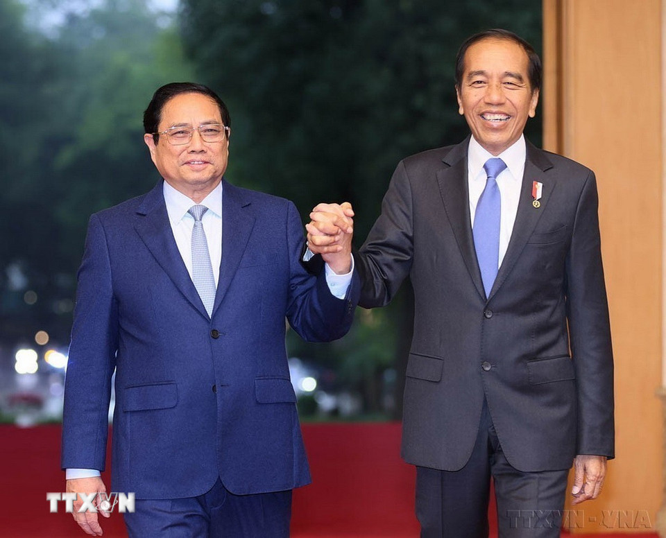 Thủ tướng Phạm Minh Chính hội kiến Tổng thống Cộng hòa Indonesia Joko Widodo trong chuyến thăm Việt Nam (Hà Nội, 12/1/2024). (Ảnh: Dương Giang/TTXVN)