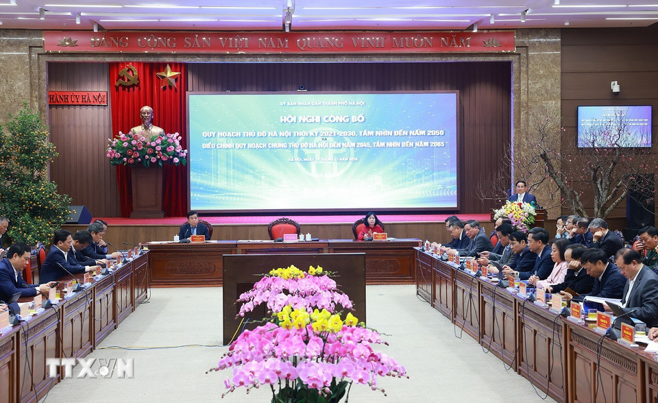 Thủ tướng Phạm Minh Chính phát biểu tại Hội nghị công bố Quy hoạch Thủ đô Hà Nội. (Ảnh: Dương Giang/TTXVN)