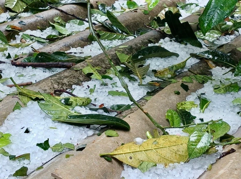 Mưa đá cũng làm khu vực bếp và đồ đạc trong nhà anh Mùa A Của bị hư hỏng. (Ảnh: TTXVN phát)