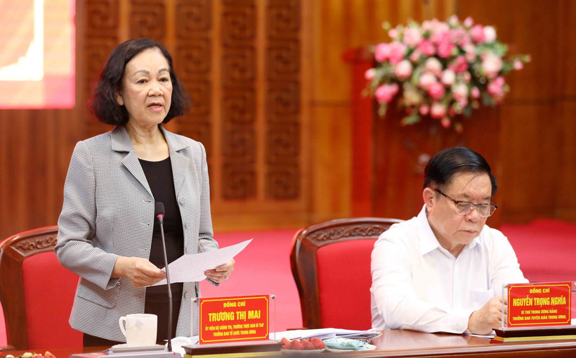 Thường trực Ban Bí thư Trương Thị Mai phát biểu kết luận buổi làm việc. (Ảnh: Trung Kiên/TTXVN)