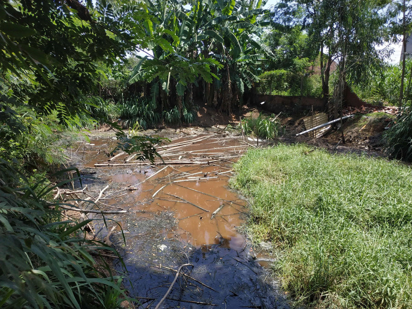 Hồ chứa nước thải sau xử lý bioga bốc mùi hôi thối khiến người dân bức xúc. (Ảnh: Tuấn Anh/TTXVN)