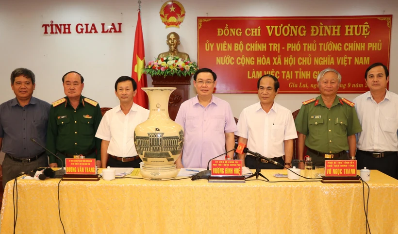 Ủy viên Bộ Chính trị, Phó Thủ tướng Vương Đình Huệ và lãnh đạo chủ chốt tỉnh Gia Lai. (Ảnh: Hoài Nam/TTXVN)