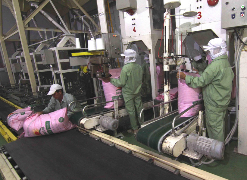 Đóng gói sản phẩm gạo xuất khẩu tại nhà máy của Tập đoàn Lộc Trời (tỉnh An Giang). (Ảnh: Vũ Sinh/TTXVN)