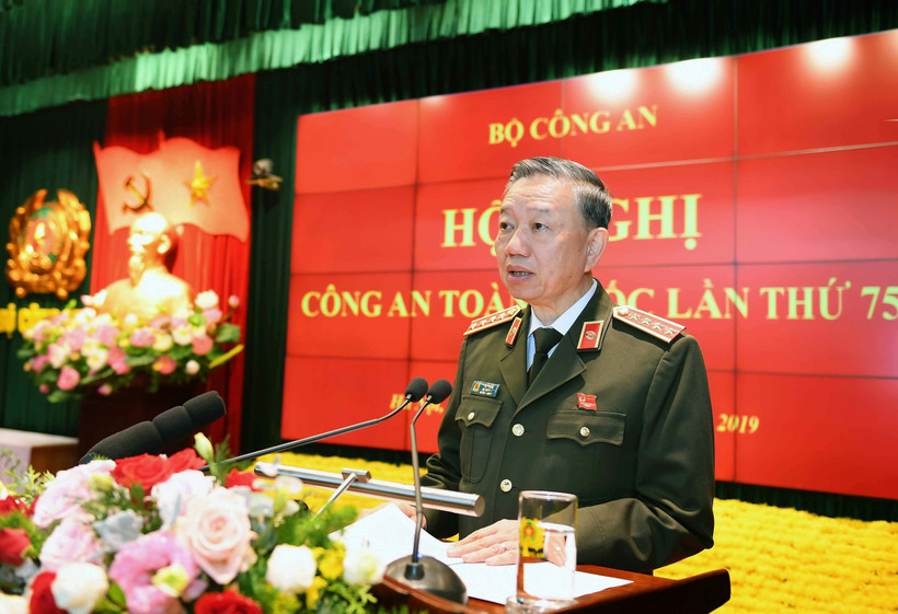 Đại tướng Tô Lâm, Ủy viên Bộ Chính trị, Bí thư Đảng ủy Công an Trung ương, Bộ trưởng Bộ Công an phát biểu. (Ảnh: Doãn Tấn/TTXVN)