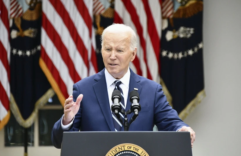 Tổng thống Mỹ Joe Biden phát biểu tại Nhà Trắng ở Washington DC.. (Ảnh: Kyodo/TTXVN)