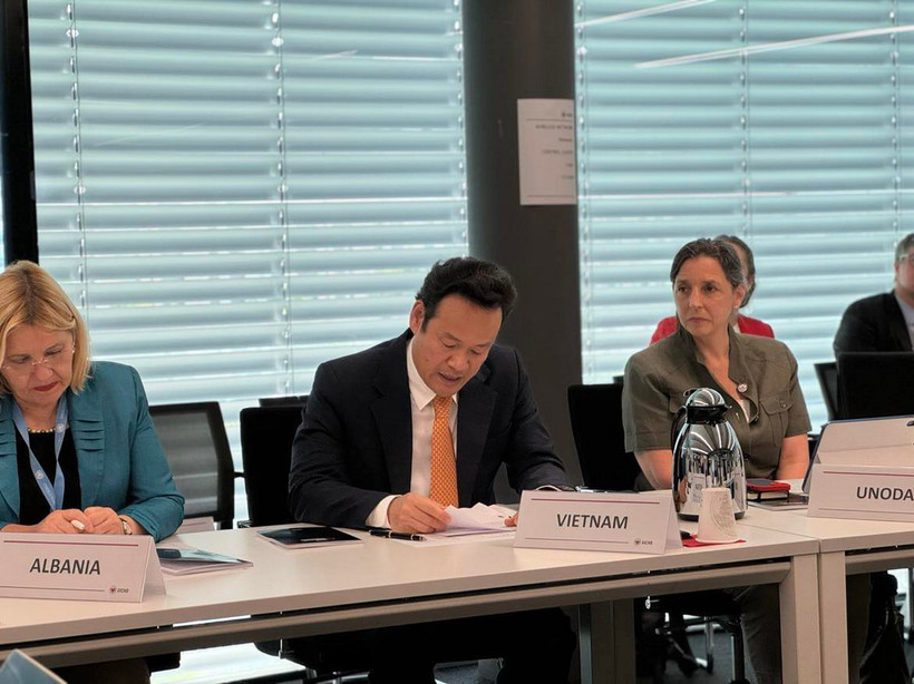 Đại sứ Mai Phan Dũng phát biểu tại phiên họp của GICHD. (Ảnh: TTXVN phát)