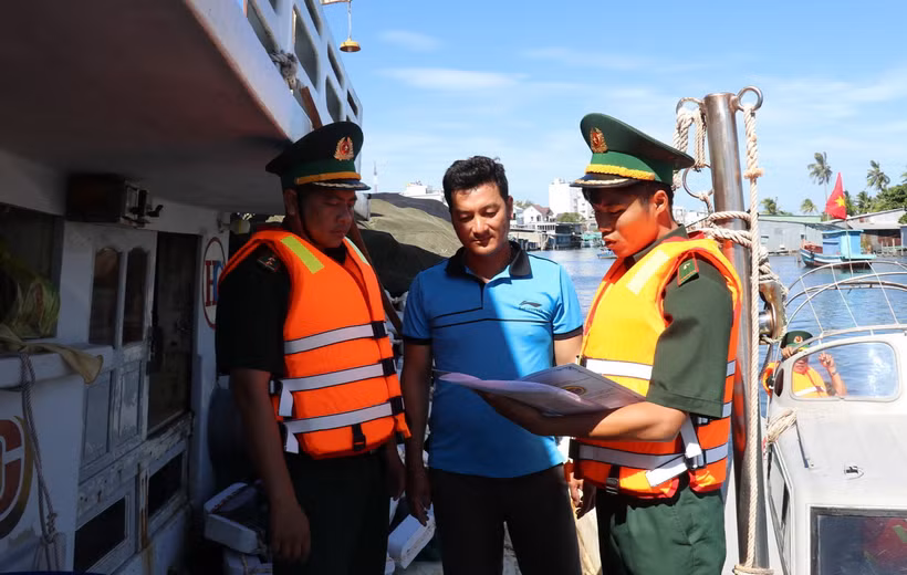Cán bộ, chiến sĩ biên phòng tuyên truyền phòng, chống IUU cho thuyền trưởng tàu cá. (Ảnh: Lê Huy Hải/TTXVN)