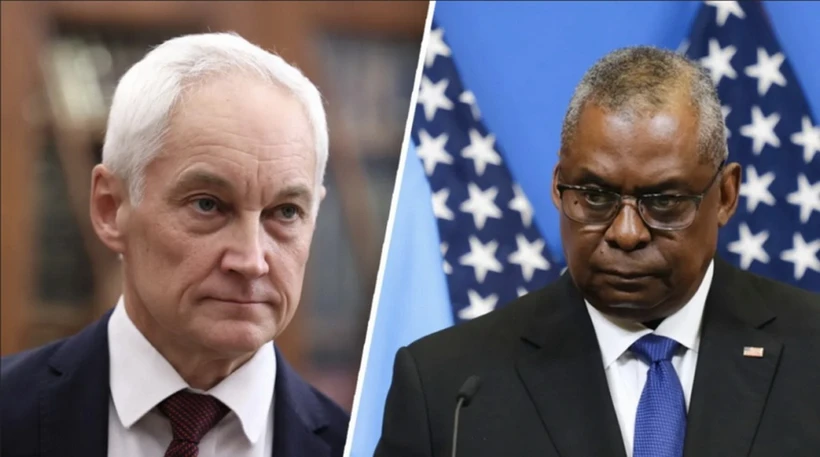 Bộ trưởng Quốc phòng Nga Andrei Belousov và người đồng cấp Mỹ Lloyd Austin. (Ảnh: GettyImages)