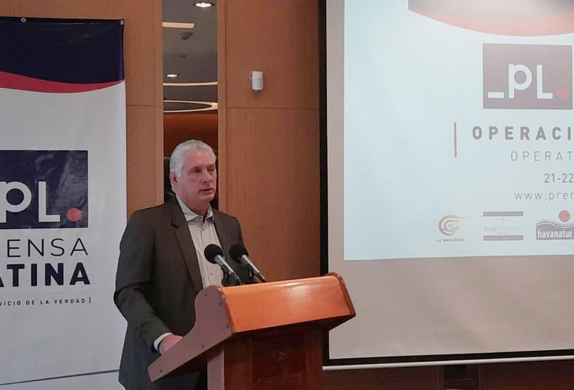 Bí thư thứ Nhất Ban Chấp hành Trung ương Đảng Cộng sản và Chủ tịch Cuba Miguel Díaz-Canel phát biểu tại Diễn đàn. (Ảnh: Mai Phương/TTXVN)