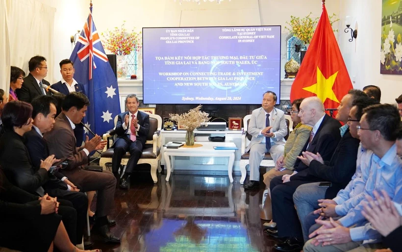 Diễn đàn kết nối hợp tác thương mại và đầu tư giữa tỉnh Gia Lai của Việt Nam với bang New South Wales của Australia. (Ảnh: Lê Đạt/TTXVN)