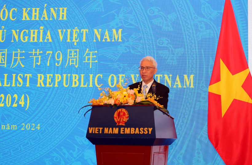 Đại sứ Việt Nam tại Trung Quốc Phạm Sao Mai phát biểu tại Lễ kỷ niệm Quốc khánh 2/9. (Ảnh: Thành Dương/TTXVN)