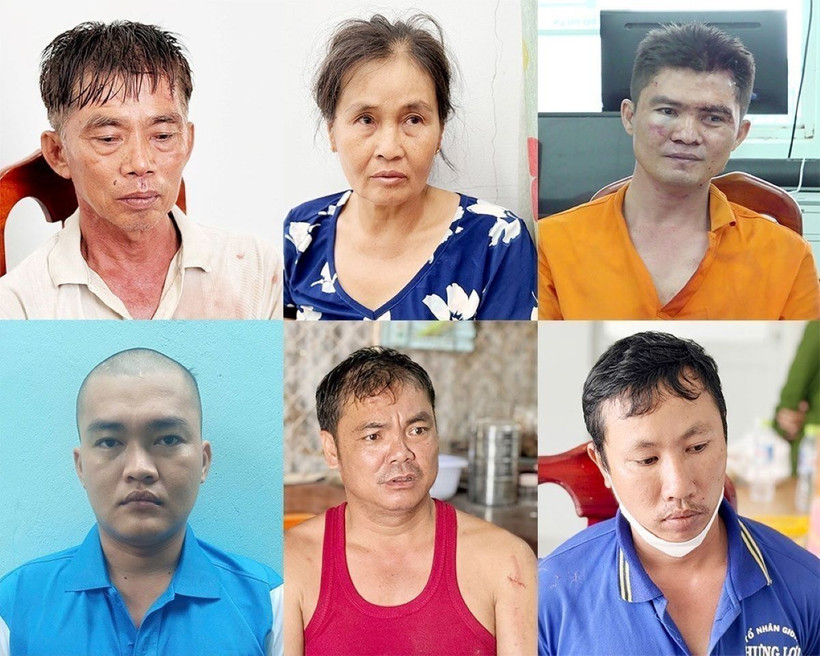 Các đối tượng (từ trái sang phải) Lê Văn Điền, Lê Thị Ngọc Nhan, Lê Phước Sang, Lê Phước Hoàng, Lê Công Triết và Nguyễn Văn Lộc. (Ảnh: TTXVN phát)