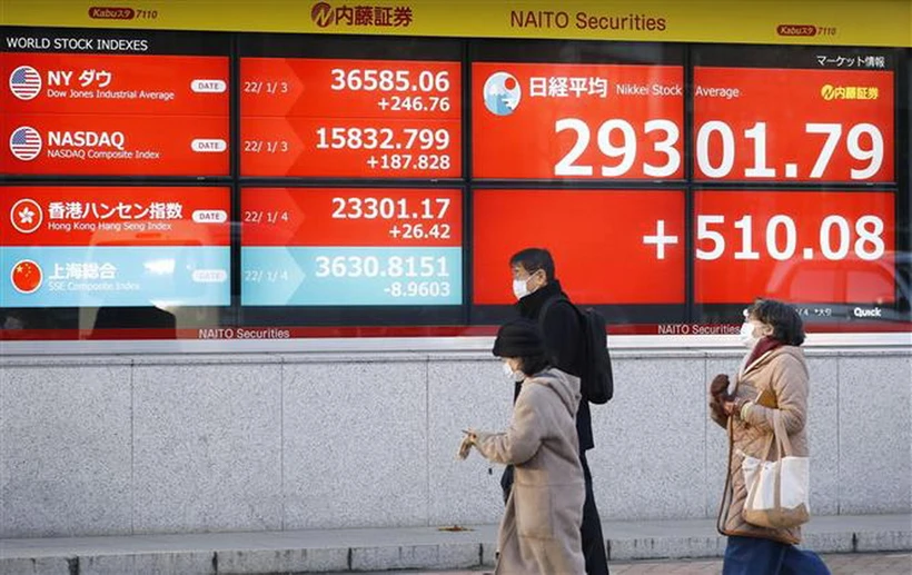 Bảng chỉ số chứng khoán tại Tokyo, Nhật Bản. (Ảnh: Kyodo/TTXVN)