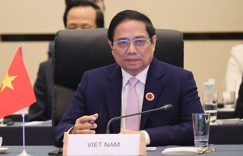 Thủ tướng Phạm Minh Chính phát biểu tại Phiên họp chính Hội nghị Cấp cao Kỷ niệm 50 năm quan hệ ASEAN-Nhật Bản. (Ảnh: Dương Giang/TTXVN)